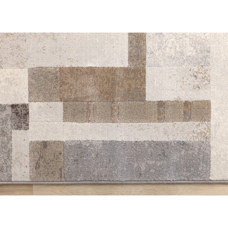 Beige Grey Geometric Overlapping Blocks High-Traffic Plush Rug