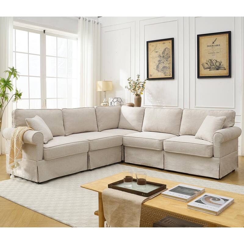 94" Linen L-Shaped Sectional Sofa, 5-Seater