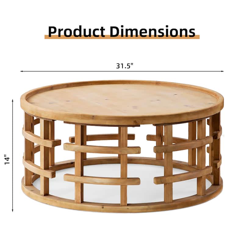 31.5" Round Boho Coffee Table - Rustic Farmhouse Accent Table with Open-Frame Base, Solid Wood Finish Cocktail Table