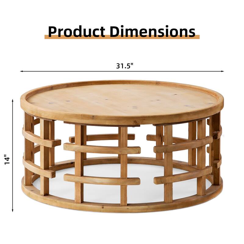 Round Coffee Table, Rustic Accent Table with Open-Frame Base, Wood Cocktail Table for Living Room - Natural Wood