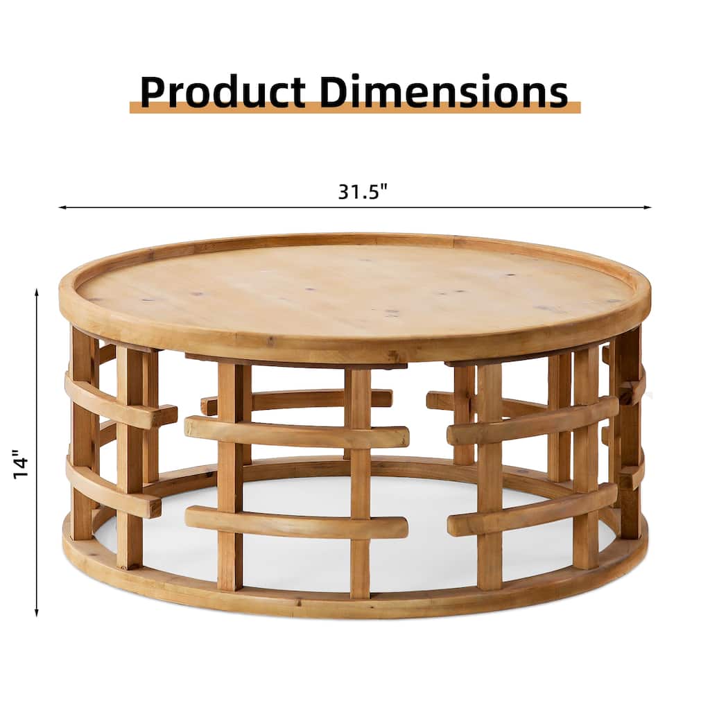 Round Coffee Table, Rustic Accent Table with Open-Frame Base, Wood Cocktail Table for Living Room