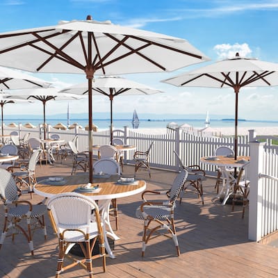 California Umbrella 9ft Marenti Wooden Sunbrella Patio Umbrella with Sunbrella Fabric, Base Not Included