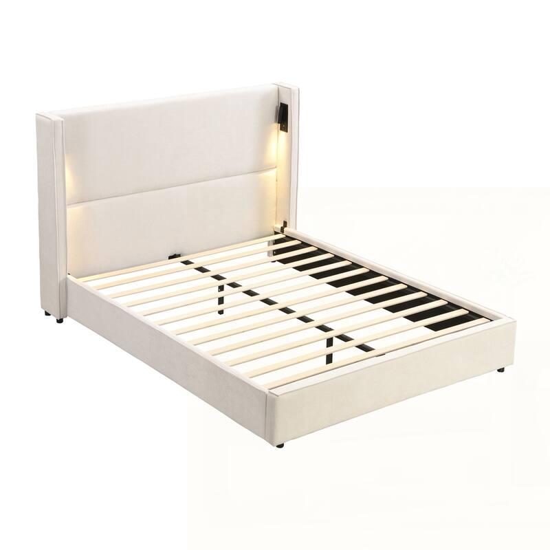 Upholstered Bed Frame with Reading Lamp and USB port