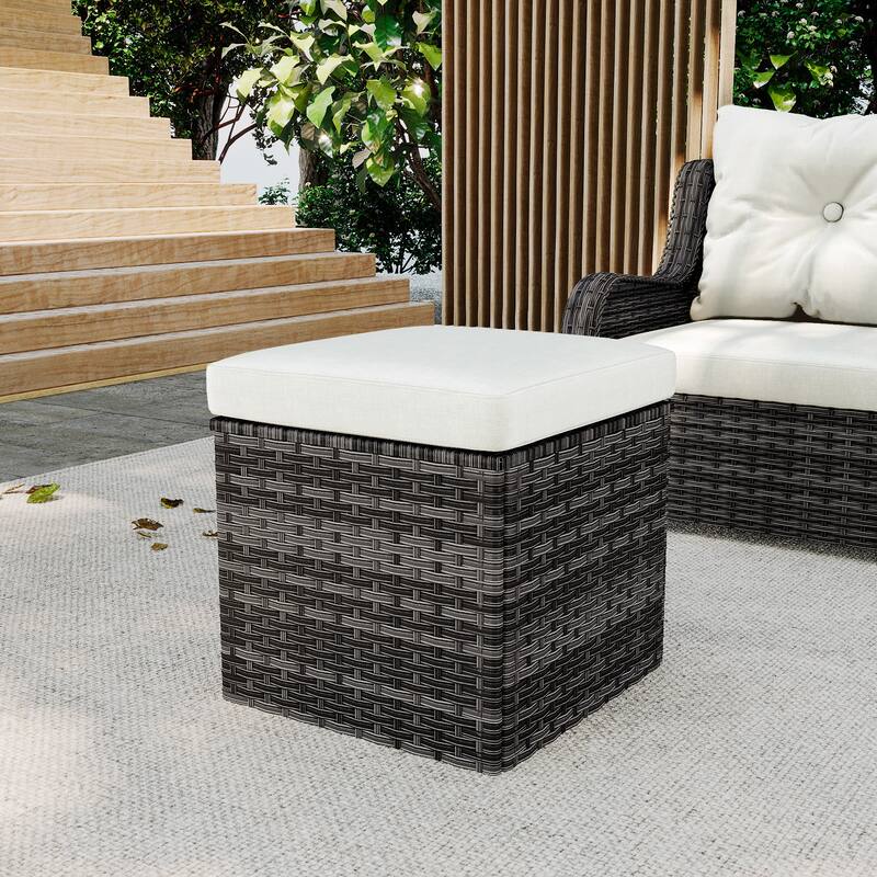 Outdoor Patio PE Wicker Ottoman with Cushion