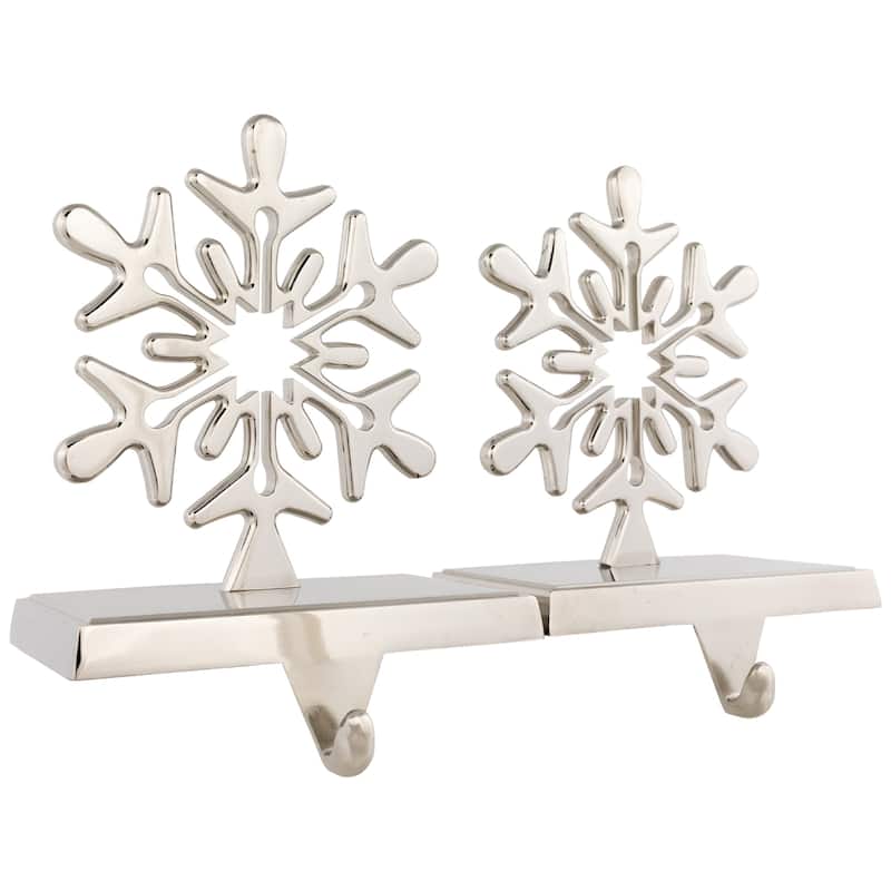 2 Solid Silver Snowflake Cutout Christmas Metal Stocking Holders 6.5"