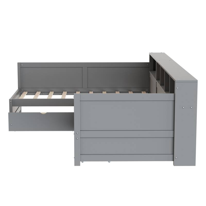 L-Shape Twin Size Day Bed for 2 with Storage Drawers and Bookshelf by Harper&Bright Designs