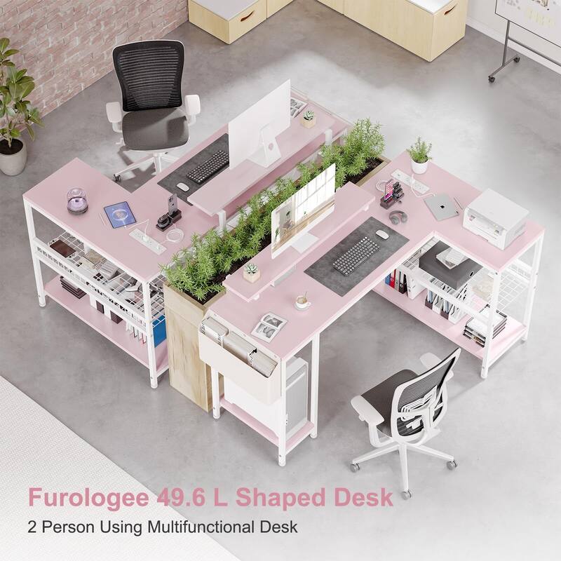 L Shaped Computer Desk with Power Outlets & LED Light, 49.6" Reversible Corner Computer Desk