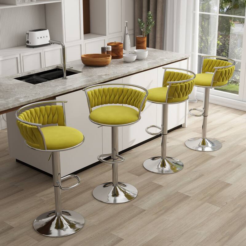 4 Set Modern Velvet Adjustable Swivel Bar Stools with Metal Frame