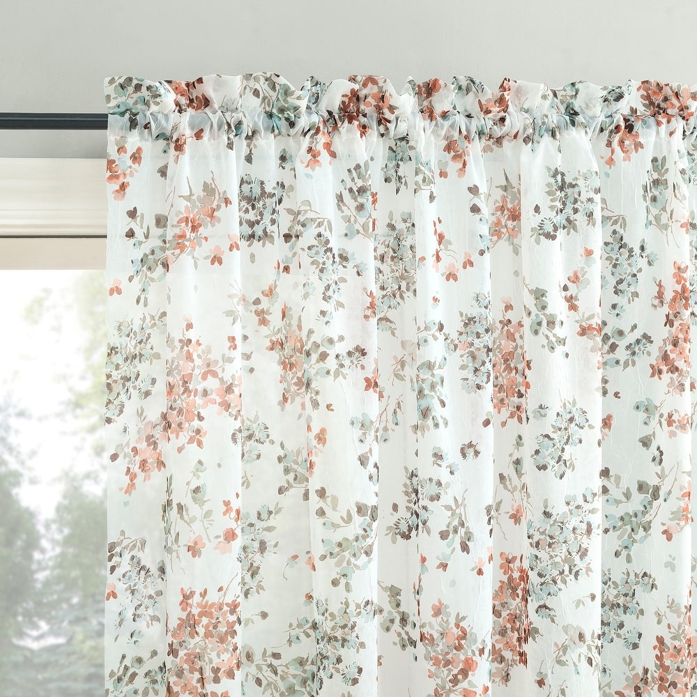 No. 918 Alethea Floral Print Crushed Voile Sheer Rod Pocket 1-Piece Curtain Panel, Single Panel