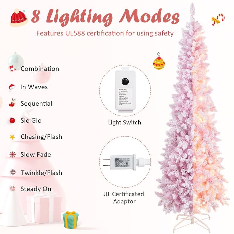 Gymax 7FT Pre-Lit Flocked Christmas Pencil Snow Tree Holiday Decor