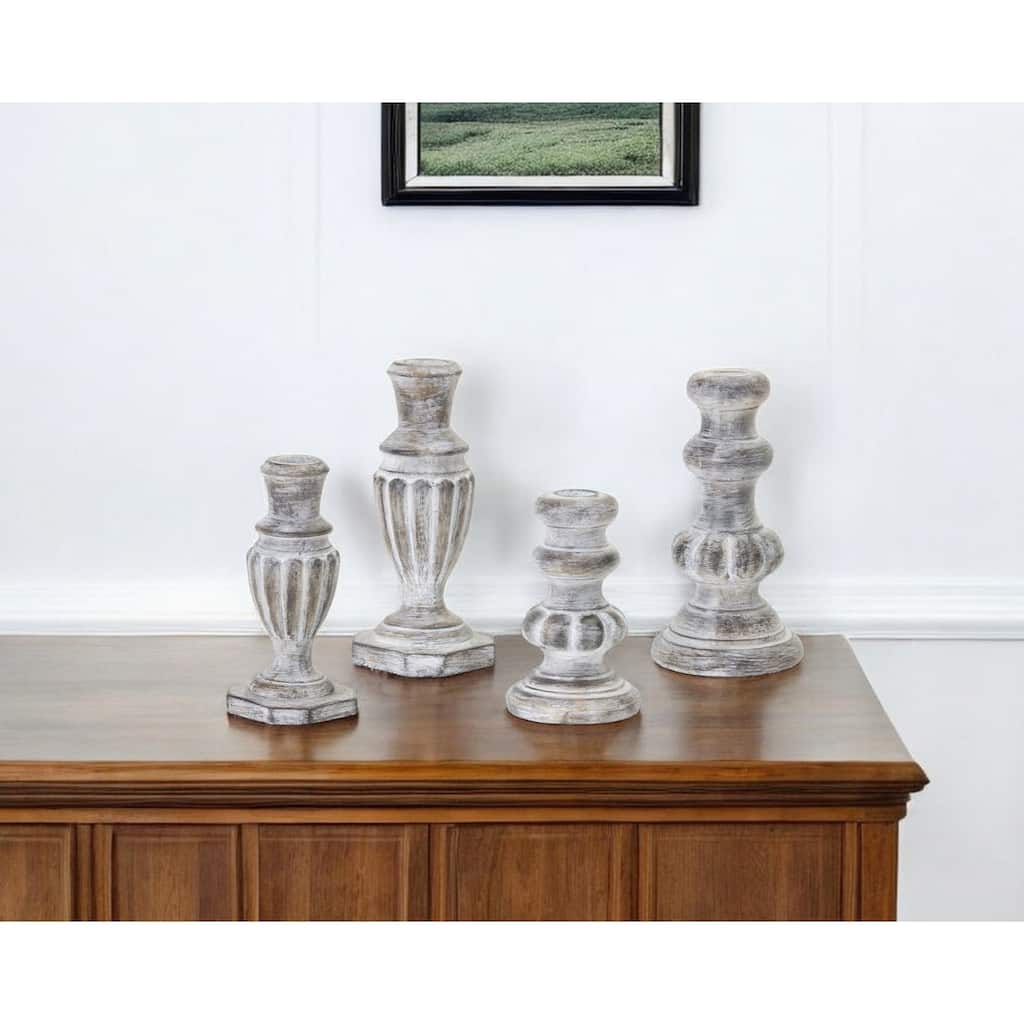 Set of Four White Washed Resin Tabletop Candle Sticks