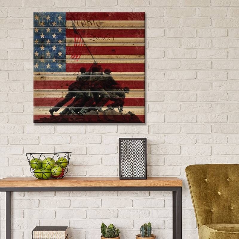 USA "Constitution" Flag (Iwo Jima War Memorial Background) Print On Wood by iCanvas - Multi-Color