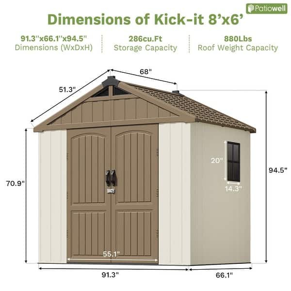 dimension image slide 1 of 10, Patiowell 8' x 6' / 8' x 8' / 8' x 10 '/ 8' x 12' Plastic Outdoor Shed With Floor for Patio Furniture, Tools (Kick-It Shed)