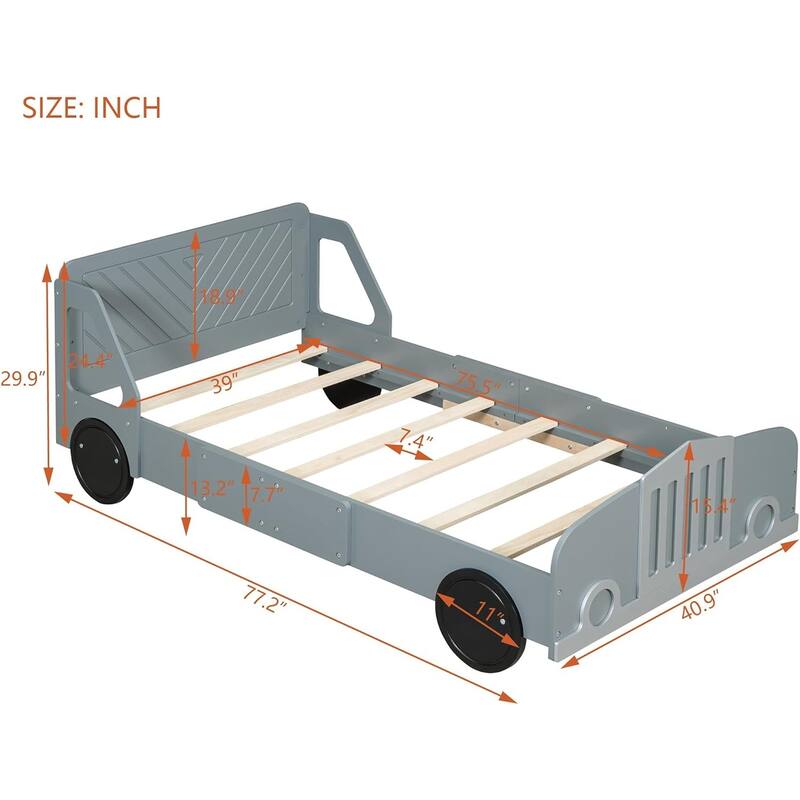 Twin/Full Car Bed for Kids, Car Shaped Platform Bed with Wheels, Headboard and Footboard, Toddler Car Bed Slat Support