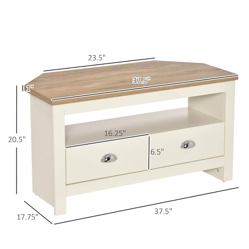 Modern Corner TV Stand Entertainment Center TV Console Table up to 50" with 2 Drawers and 1 Open Shelf, for Living Room, White