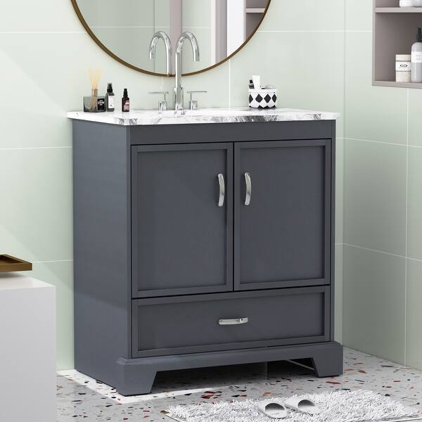 slide 1 of 6, Modern Navy Bathroom Vanity with Ceramic Vessel Sink by Kerrogee