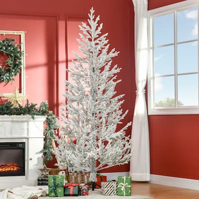 HOMCOM 7 ft. Flocked White Christmas Tree with Stand - Green - 7 Foot