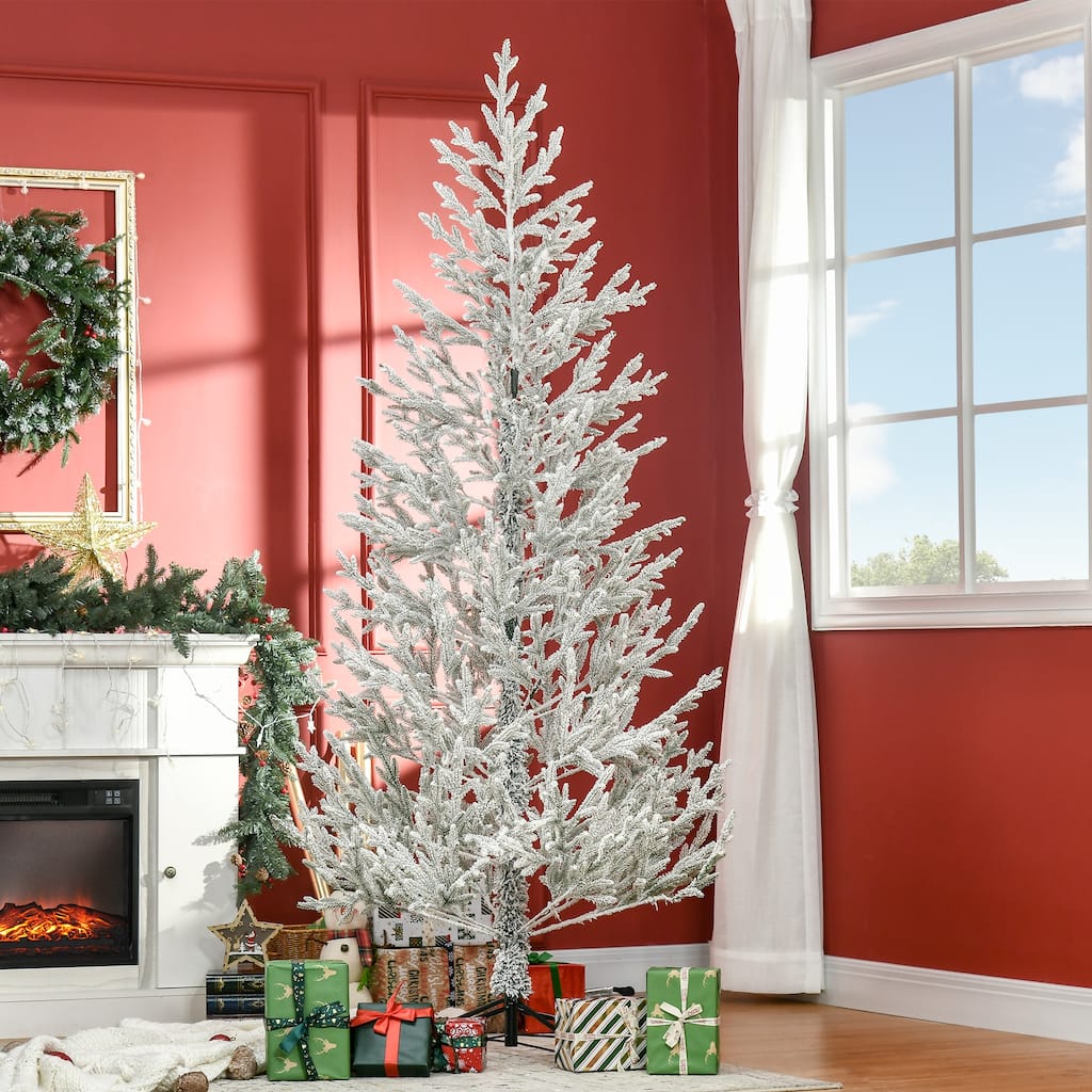 HOMCOM 7 ft. Flocked White Christmas Tree with Stand - Green - 7 Foot
