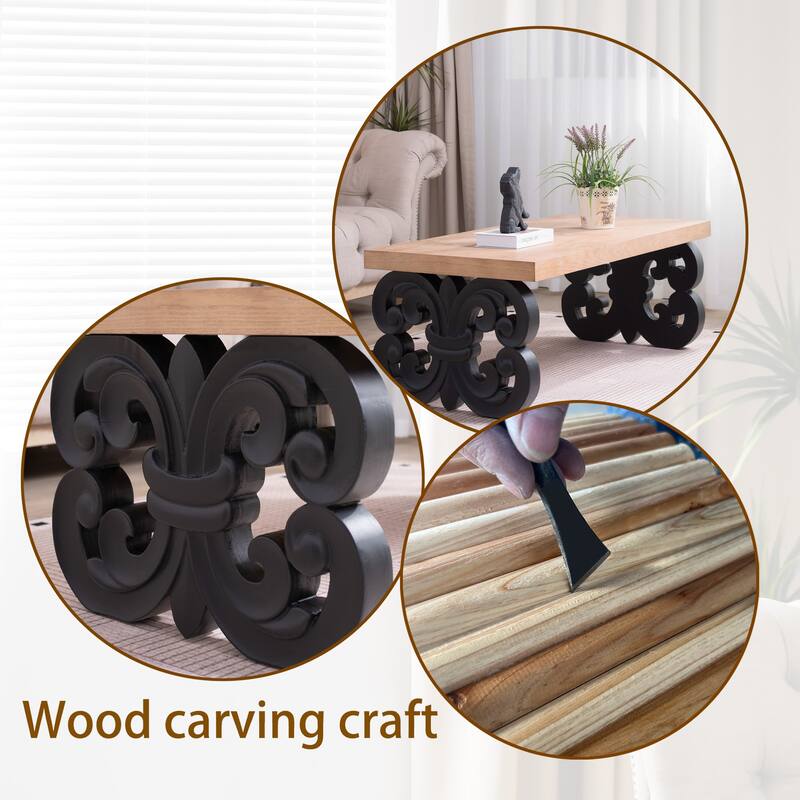 Black Scroll Base Coffee Table, Rectangular Wood Accent Table for Modern Farmhouse Living Rooms