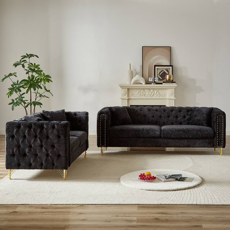 2-Piece Chenille Chesterfield Sofa Set (5-Seat) with Tufted Back & Nail Trim