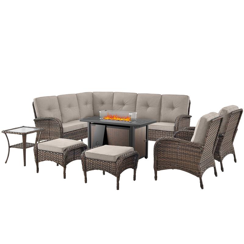 Outdoor Sectional Sofa Chairs Ottomans with Fire Pit Table -Beige - Brown