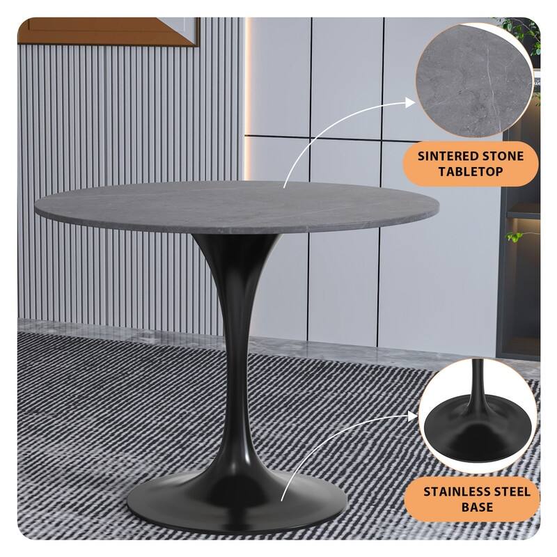 Verve Dining Table with a 36" Round Stone Tabletop in Black Steel - 35.43