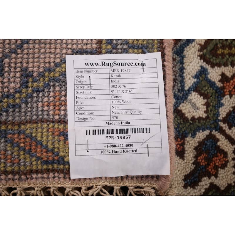 Pink Geometric Kazak Oriental Runner Rug Hand-Knotted Wool Carpet - 2'6"x 9'11"