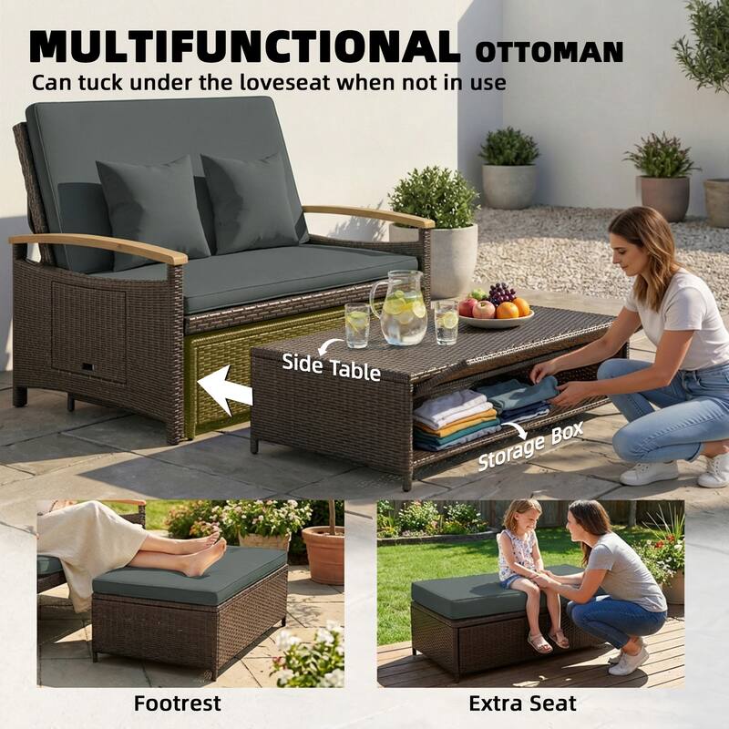 Outsunny Rattan Outdoor Daybed w/4-Level Adjustable Backrest, Patio Sofa Bed w/Loveseat, Storage Ottoman, Acacia Wood Armrest