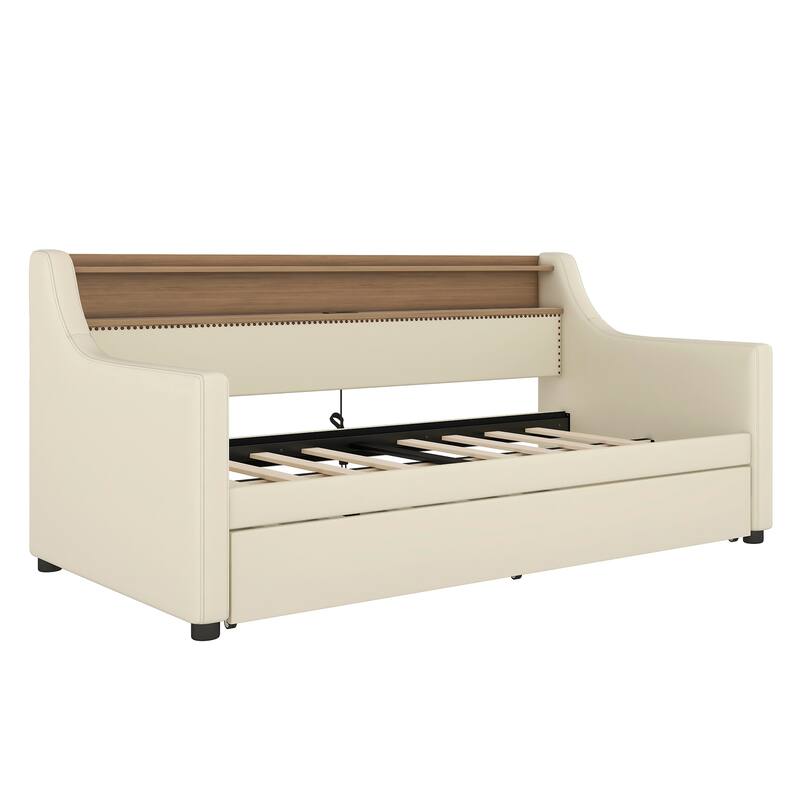 Beige Twin Size Upholstered Daybed with Trundle, Charging Station, and LED Lights