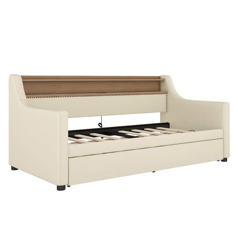 Beige Twin Size Upholstered Daybed with Trundle,Charging Station and LED Lights