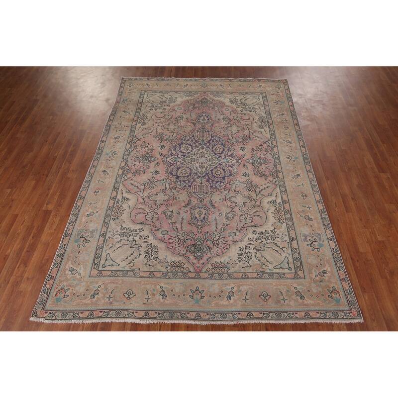 Pink Tabriz Vintage Persian Area Rug Handmade Wool Carpet - 6'9" x 9'3"