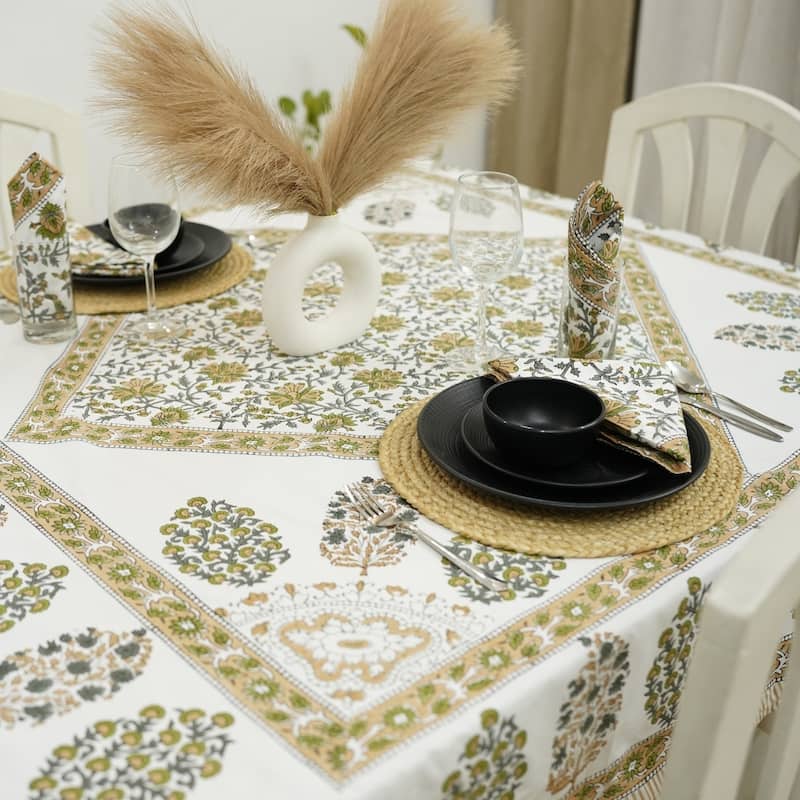 Fabdivine Floral Cotton Table Cover or Cloth Handmade Block Print for Dining & Home Décor Accent