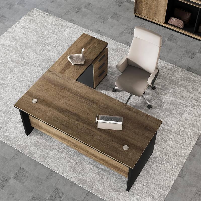 63-inch L Shaped Executive Desk, Industrial Modern Office Desk with 3 Storage Drawers