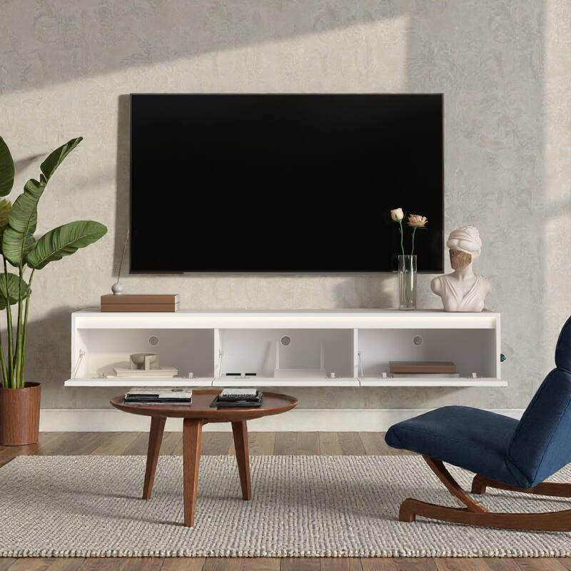 Floating TV Stand with LED Lights & Power Outlet, Wall Mounted High Gloss TV Cabinet with Storage and USB Ports