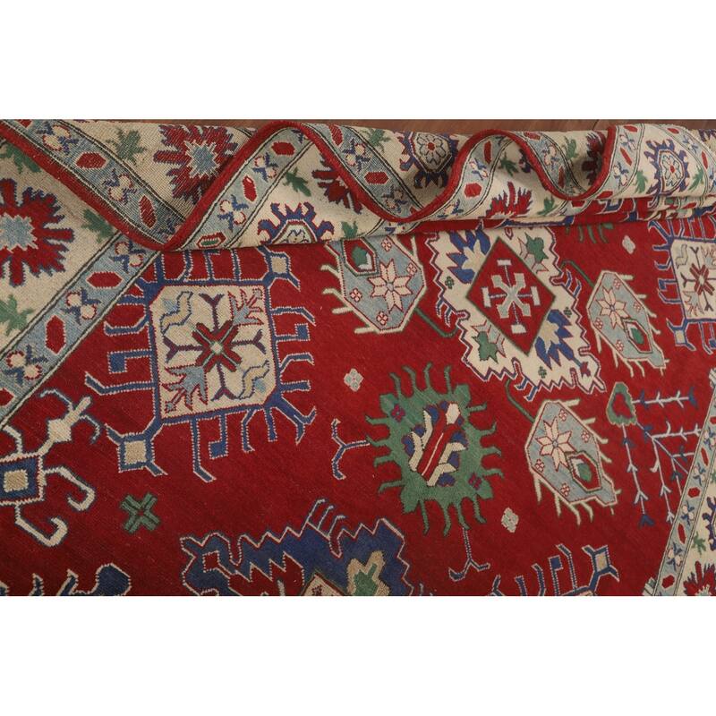 Red Geometric Kazak Area Rug Hand-Knotted Wool Carpet - 6'9" x 9'8"