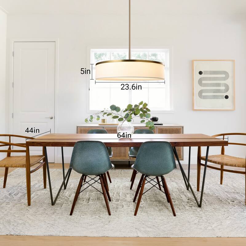 Farmhouse Drum Chandelier Integrate LED Ceiling Pendant w Fabric Shade