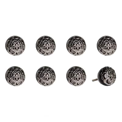 Set of 8 Decorative Black and Silver Cabinet Knobs for Furniture - 1.50” x 1.50” x 1.50”