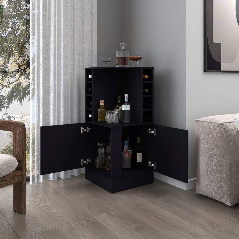 FM FURNITURE Toyei Corner Bar Cabinet with Bottle Rack, Open Shelves, and Hidden Storage, Black