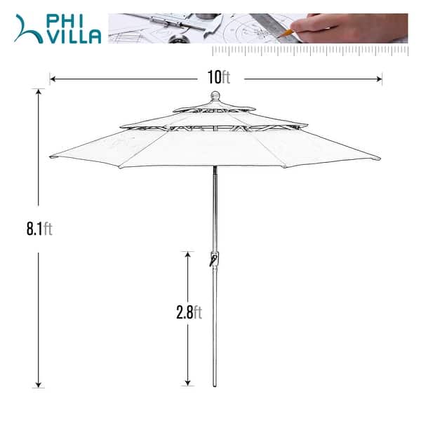 dimension image slide 4 of 3, PHI VILLA 10ft 3 Tier Auto-tilt Patio Umbrella Outdoor Double Vented Umbrella