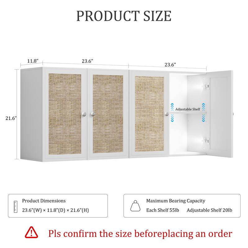 Rattan Wall Cabinets with Adjustable Shelf and LED Light Set of 2