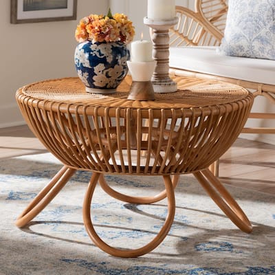 Abel Natural Rattan Coffee Table with Splayed Legs - Handcrafted Boho Accent Table, Light Honey