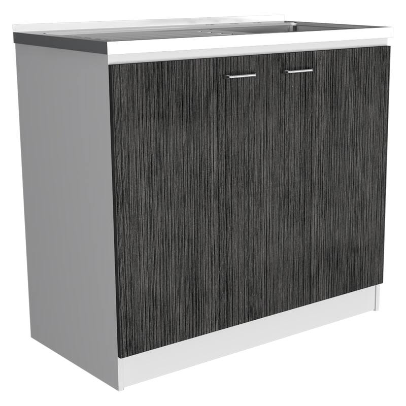 TUHOME Napoles Utility Sink Cabinet with Integrated Steel Sink - N/A - White/ Smoky Oak