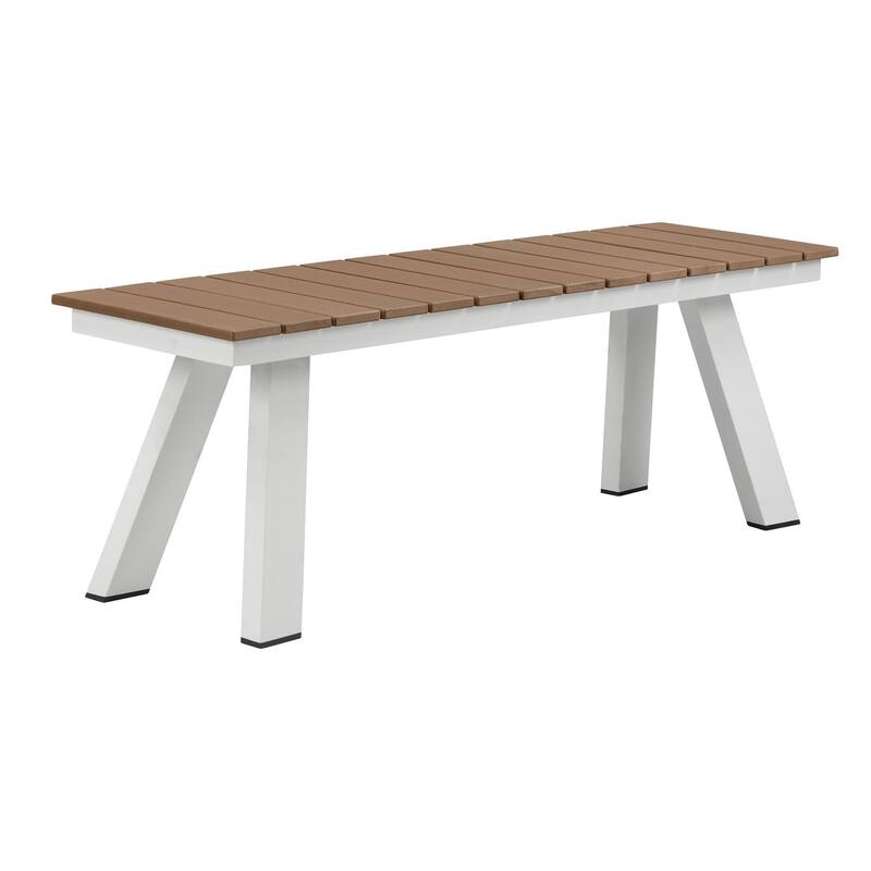 Zia 54 Inch Outdoor Dining Bench, Brown Polyresin Top, White Aluminum Frame - White