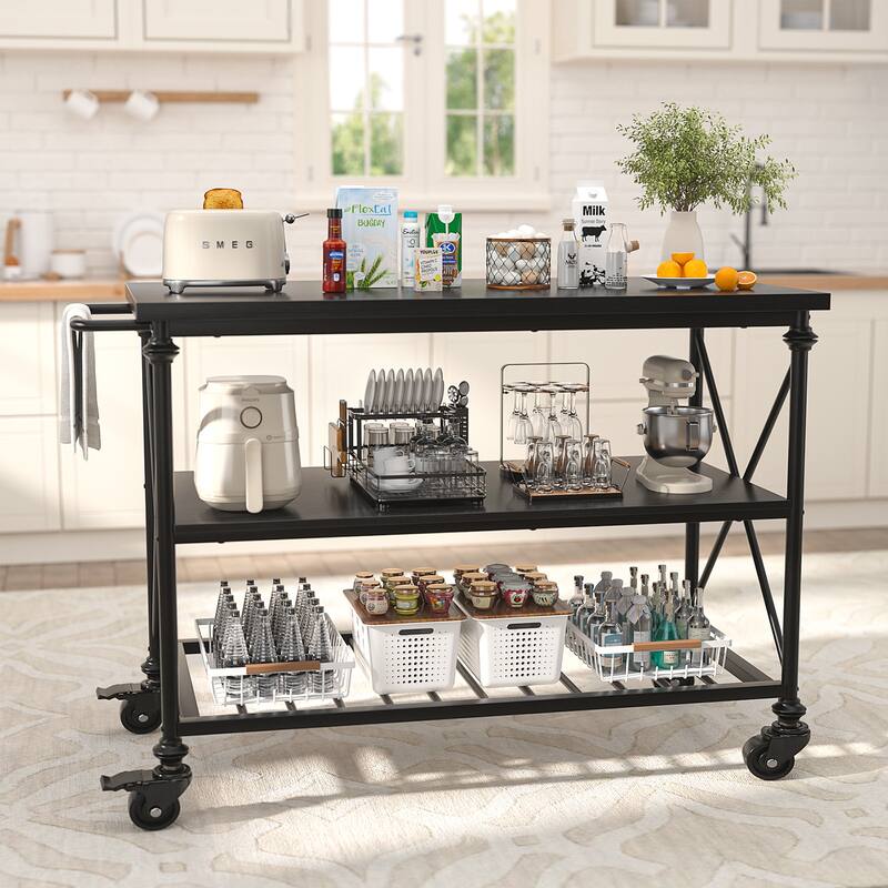 Rolling Kitchen Island Cart with Thick Wooden Top and Storage Shelves - N/A