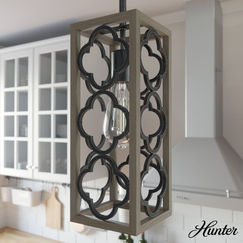 Hunter Gablecrest 1-Light Mini Pendant - Kitchen Island, Dining Room - Farmhouse, French Country, Transitional, Distressed - French Oak-Rustic Iron