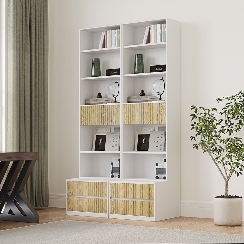 85.8'' Tall Bookcase with Movable Footstool and Open Shelves Storage Drawers