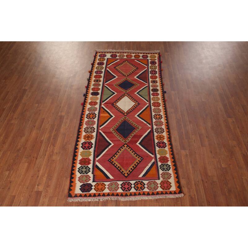 Vegetable Dye Red Kilim Qashqai Persian Antique Runner Wool Carpet - 3'9"x 8'6"