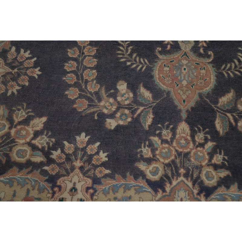 Hand Knotted Oriental 100% Wool Carpet Traditional Floral Navy Blue & Blues Tabriz Area Rug - 12' 1'' X 9' 4''