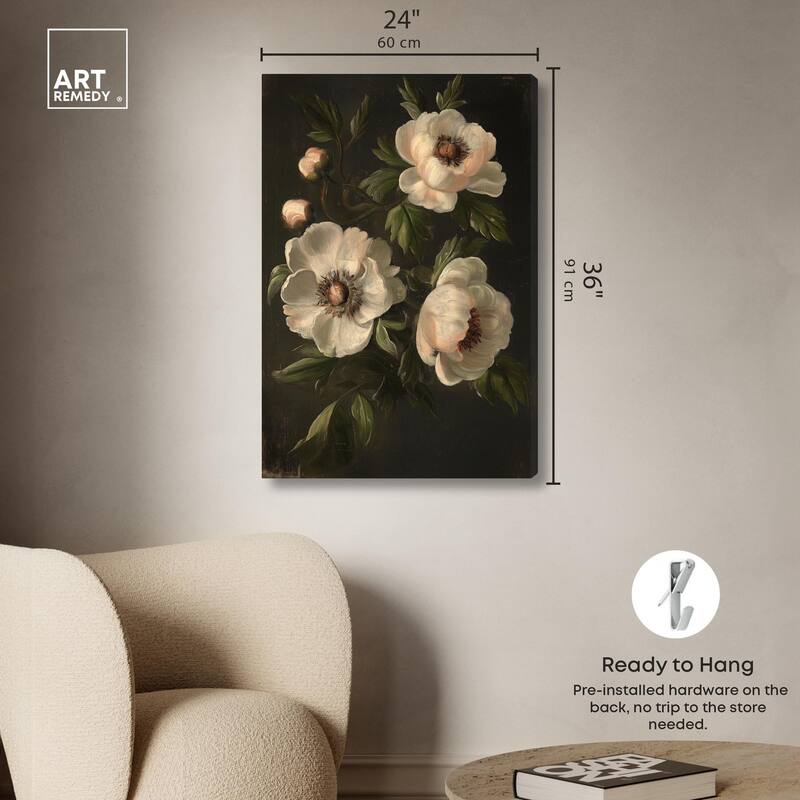 White Peonies in Dark I Canvas by Art Remedy, Gallery Wrapped