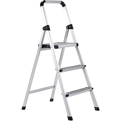 BirdRock Home 3-Step Aluminum Step Ladder - Sturdy Thin Folding Stool - 3 Anti-Slip Steps - Wide Platform